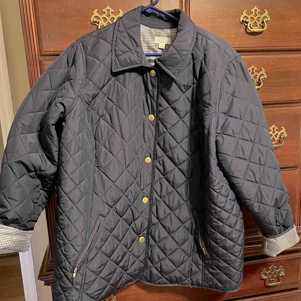 Navy Blue Coat With Gold Snap Buttons. Navy And White Plaid On The Inside